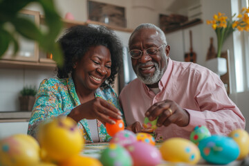 An African-American elderly couple paints eggs for Easter - obrazy, fototapety, plakaty
