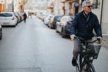 An older man with a youthful spirit cycles down a city road. Exuding confidence and enjoying active senior living to the fullest in an urban environment.