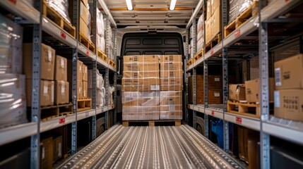 Inside view of a delivery van with shelves filled with various sized cardboard boxes, depicting logistics and shipment concepts. - obrazy, fototapety, plakaty