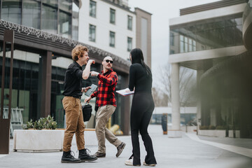 Three entrepreneurs engaging in a business meeting outdoors, with modern architecture surrounding...
