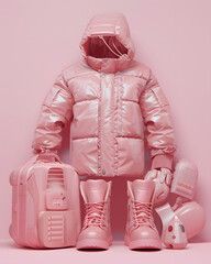 Light pink hooded jacket, lace-up boots, suitcase and accessories setting on a light pink background. Fashion concept.