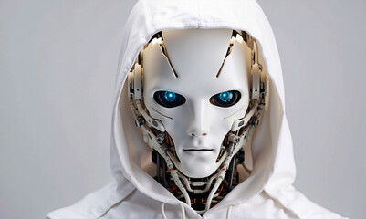 Robot wearing a hoodie in a white background.