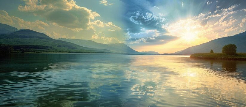 A traditional painting showcasing a lake with towering mountains in the backdrop under a semi-cloudy sky, capturing the beauty of water and sunlight.