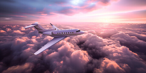A white private beautiful plane flies in the sky above white clouds against a sunset background. A...
