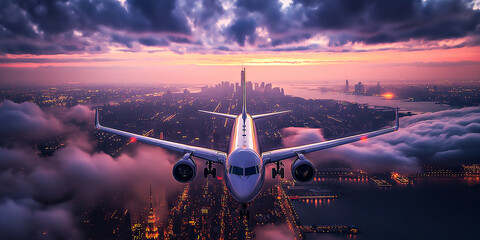 A white private beautiful plane flies over a modern city against the backdrop of city lights and sunset. A beautiful frontal shot of a flying plane landing. Airplane for VIPs. Luxury life concept - obrazy, fototapety, plakaty
