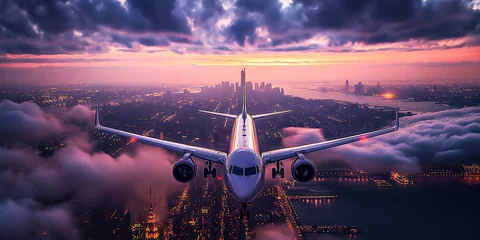 Poster A white private beautiful plane flies over a modern city against the backdrop of city lights and sunset. A beautiful frontal shot of a flying plane landing. Airplane for VIPs. Luxury life concept © Irina