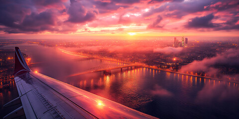 A shot of a flying private jet, which flies over a river and a city against the backdrop of a...