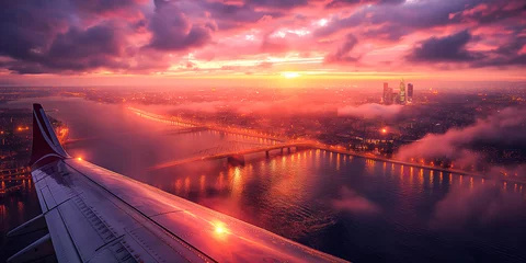 Foto auf Acrylglas A shot of a flying private jet, which flies over a river and a city against the backdrop of a beautiful sunset, viewed from above the wing. Airplane for VIPs. Luxury life concept © Irina