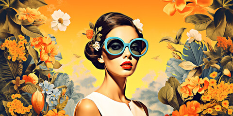 Beautiful girl in sunglasses in retro style on a yellow-orange background with multi-colored exotic...