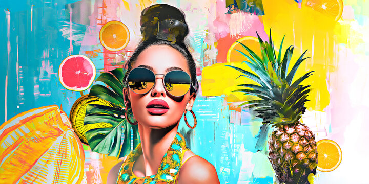Beautiful brunette girl in sunglasses in retro style on an abstract background with multi-colored exotic fruits. Illustration, cover, poster, banner with art deco painting