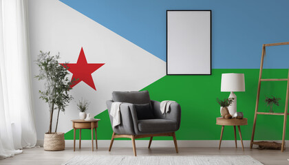 Medicine and healthcare concept Djibouti flag on the wall in the interior of the room. Concept of buying and selling real estate, mortgages in the Djibouti