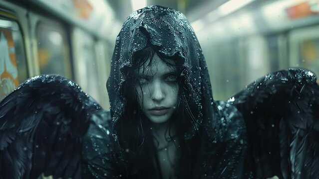 Dark angel in the subway with falling snowflakes