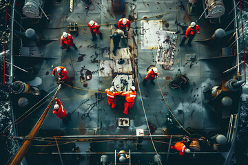A wide-angle photograph captures the teamwork of a yacht crew assembled on deck, depicting the dynamic and cohesive collaboration aboard the vessel.