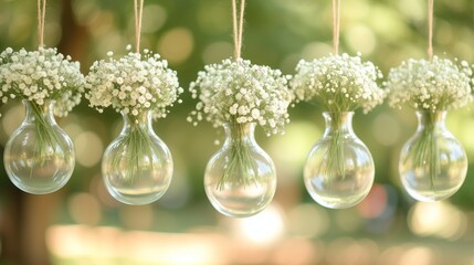 White Flowers in a glass bottle hanging. Flower vase arrangements, flowers wedding decoration, flowers in a bottles, garland of flowers, natural DIY decorations, design, rustic, poster, wallpaper