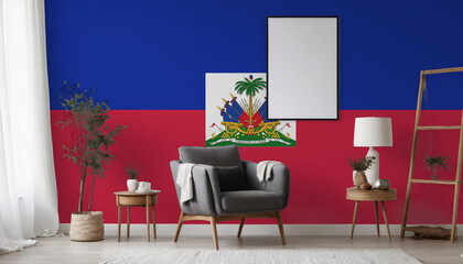 Medicine and healthcare concept Haiti flag on the wall in the interior of the room. Concept of buying and selling real estate, mortgages in the Haiti