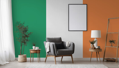 Medicine and healthcare concept Irish flag on the wall in the interior of the room. Concept of buying and selling real estate, mortgages in the Irish