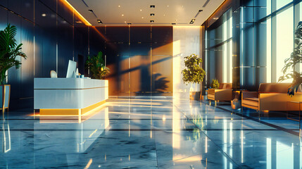 Elegant Office Lobby and Reception Area in a Luxury Hotel, Reflecting Contemporary Design and...