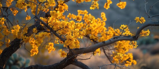 A multi-trunked Honey Mesquite tree adorned with vibrant yellow Spike flowers in a field during springtime in Joshua Tree National Park.