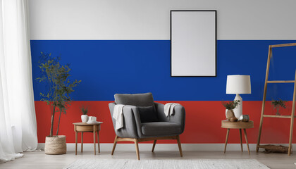 Medicine and healthcare concept Russia flag on the wall in the interior of the room. Concept of buying and selling real estate, mortgages in the Russia