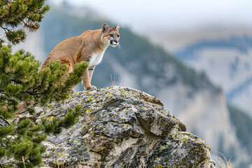 Mountain lion in Rocky Mountains habitat, rugged cliffs and pine forests.




