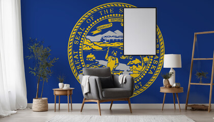 Medicine and healthcare concept Nebraska flag on the wall in the interior of the room. Concept of buying and selling real estate, mortgages in the Nebraska
