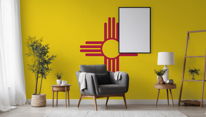 Medicine and healthcare concept New Mexico flag on the wall in the interior of the room. Concept of buying and selling real estate, mortgages in the New Mexico