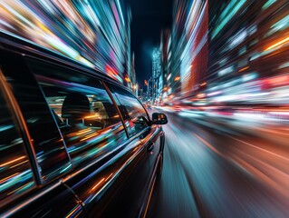 Fototapeta na wymiar Speeding through a city at night, the blur of lights crafts a vibrant symphony of urban velocity.