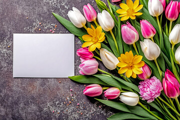 bouquet of tulips with card, woman day, mother day