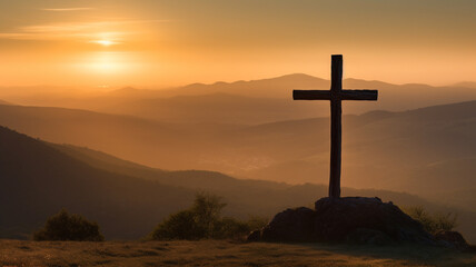 In the early morning light, a cross majestically stands, creating a solemn and peaceful scene.