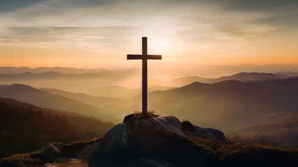 In the early morning light, a cross majestically stands, creating a solemn and peaceful scene. - 749487941