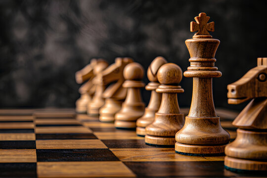 Wooden chess pieces stand on a chessboard, symbolizing business strategy, complex decisions, and life situations.