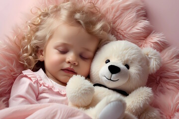 children's sleep, child sleeps hugging a teddy bear on a fluffy blanket.