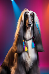 A beautiful Afghan hound with long and groomed hair poses in the style of an eighties rock star against colorful backdrop. 