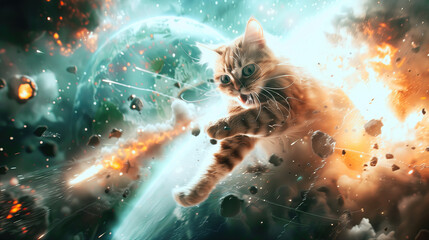 Kot super bohater rozbijający nadlatujące meteoryty, ratuje świat przed zagładą - obrazy, fototapety, plakaty