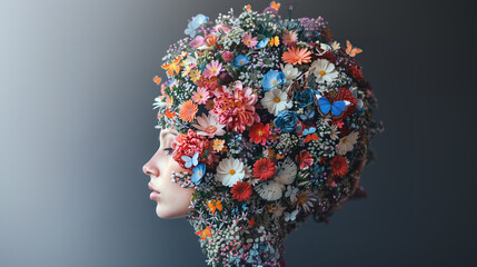 Głowa kobiety pokryta kwiatami - obrazy, fototapety, plakaty