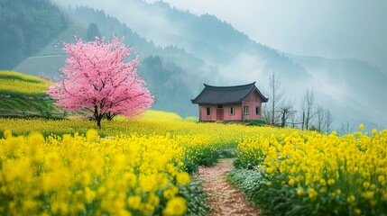 Fototapeta premium spring beauty, distant green mountains, house, mist, cherry blossoms, rapeseed flower fields beautiful landscape