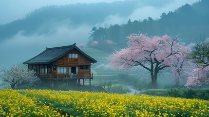 spring beauty, distant green mountains, house, mist, cherry blossoms, rapeseed flower fields beautiful landscape