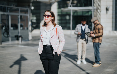 Obraz premium A young woman in business attire stands confidently in the foreground, while her male colleagues discuss work in the background in an outdoor urban setting.