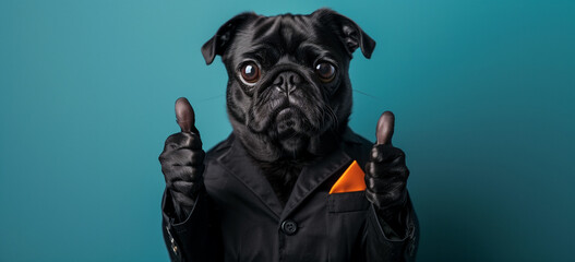 Pug Dog Giving Two Thumbs Up on Teal and Orange Background