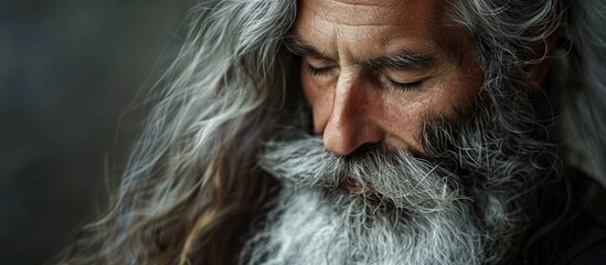 A man with long grey hair and a beard gazes into the distance, lost in contemplation. His weathered face tells a story of wisdom and experience.