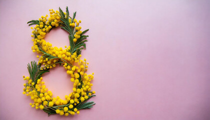 Obraz premium Yellow number 8 made from mimosa flowers on a pink background and copyspace on a side - Woman's day