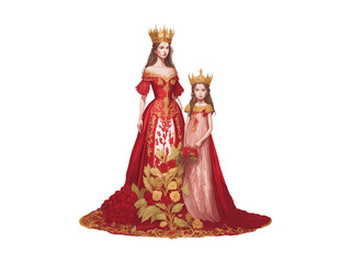 Fototapeta na wymiar Mother's day concept, Queen Mom and daughter with royal crown illustration decorated by flowers, clipart