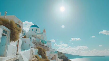 Sunny day in a charming santorini village, with iconic white buildings and blue domes. perfect for travel and leisure themes. AI