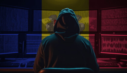 Cyber threat from the Andorra. Hacker at the computers on a background of monitors, colors of the Andorra flag. - obrazy, fototapety, plakaty