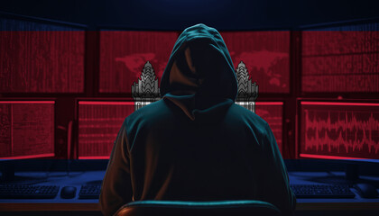 Cyber threat from the Cambodia. Hacker at the computers on a background of monitors, colors of the Cambodia flag.