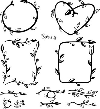vector linear drawing of twigs frames spring leaves, arrows, wreaths