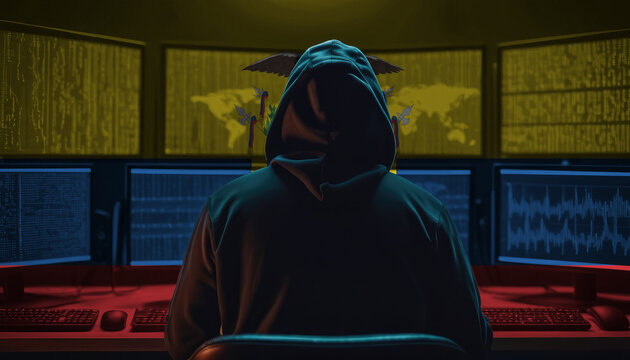 Cyber threat from the Ecuador. Hacker at the computers on a background of monitors, colors of the Ecuador flag. - Powered by Adobe