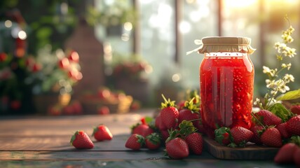 Homemade strawberry jam, strawberry jam in a jar with strawberries on a wooden floor, a blurred background for copy space, fruit jam in a jar - Powered by Adobe