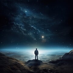 A lonely Man looks at space and the stars. - obrazy, fototapety, plakaty