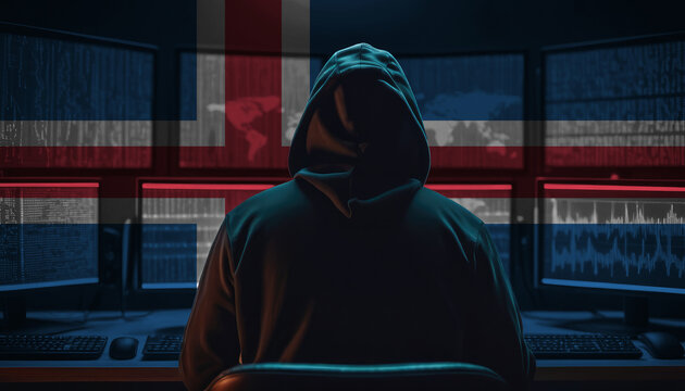 Cyber threat from the Iceland. Hacker at the computers on a background of monitors, colors of the Iceland flag.